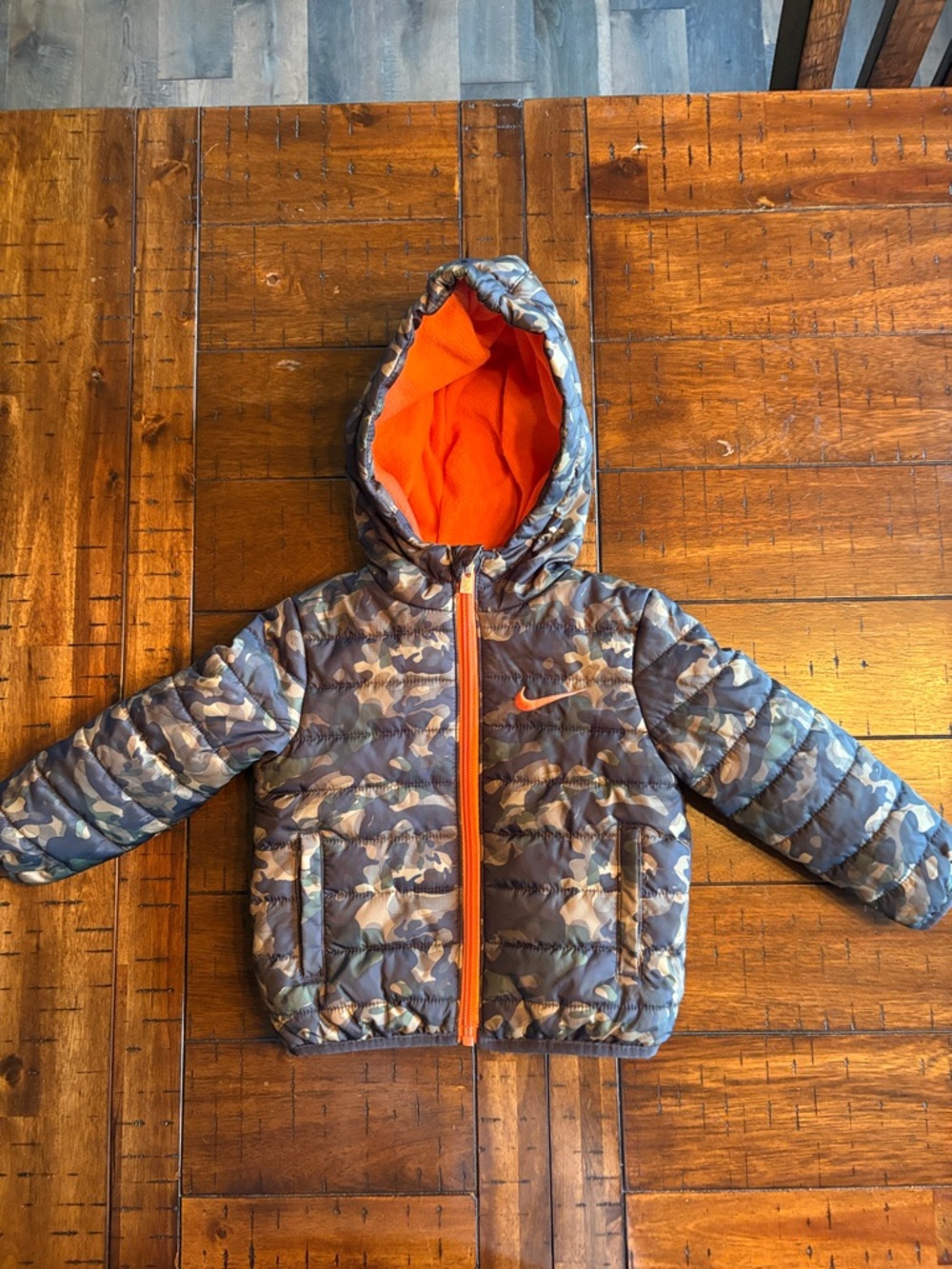 Nike Toddler Camo Puffer Jacket with Orange Lining - 12 Months